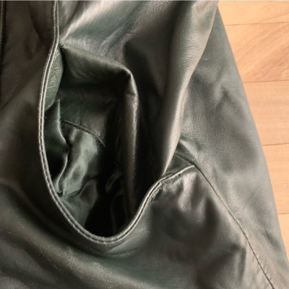 VINTAGE - Green Leather Coat with Genuine Fur Hood Oversized 90s Statement Coat - Picture 8 of 15